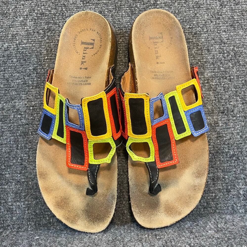 Think! Black Multicolor Colorful Geometric Leather Thong Sandals Womens 9 EU 40